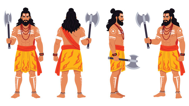 Fierce man with axe, tribal warrior or ascetic, multiple views.