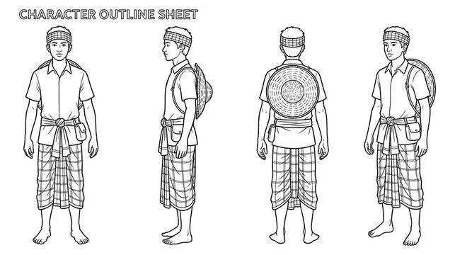 Outline drawing character sheet for man in traditional indonesian clothing.