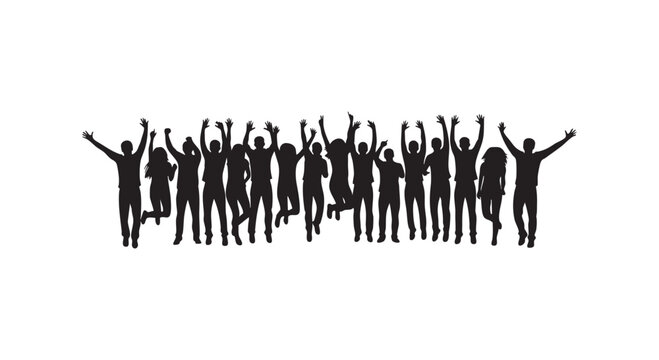 Group of joyful people raising hands in air celebration silhouette isolated on white background flat vector illustration.