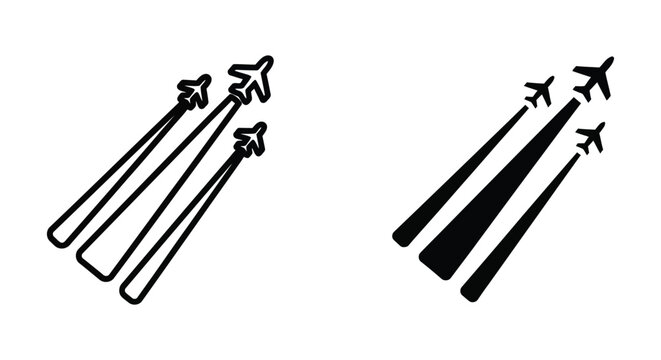 Set of airplane icons with contrails, vector illustration of aircraft flying in formation