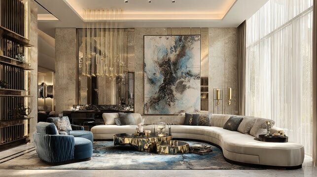 Luxurious contemporary living room featuring curved seating and abstract artwork