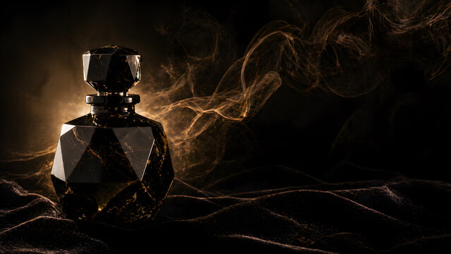 Dark Crystal Perfume Bottle with Smoke on Reflective Surface