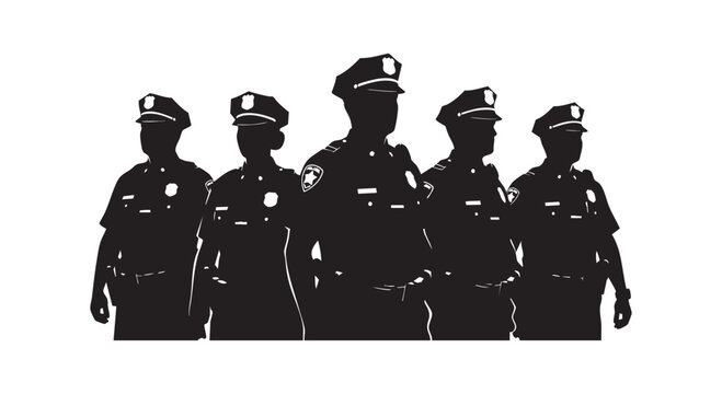 Group of police officers standing together in uniform silhouette isolated on white background for law enforcement concept.