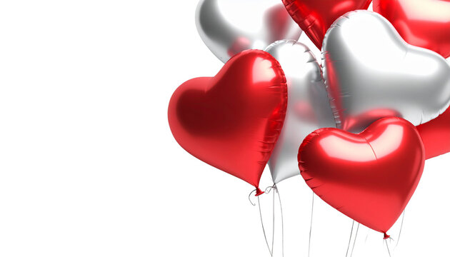 Bright red heart-shaped balloons float against a white background.