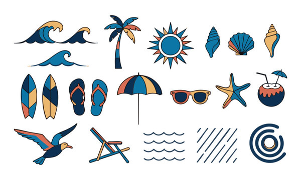 Seaside summer icons collection vector isolated beach elements set
