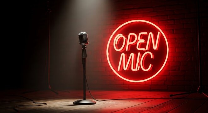 Vintage Microphone Standing In Front Of Glowing Neon Open Mic