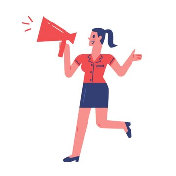 Animated cartoon girl holding megaphone announcing sale promotion with cheerful shopping advertising concept and marketing campaign mood