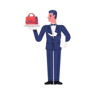 Animated cartoon salesperson presenting purse with megaphone for shopping promotion cheerful retail advertising concept and fashion sale campaign