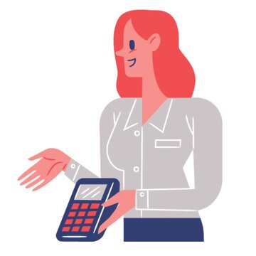 Animated cartoon woman holding payment terminal for card transaction smiling with cashless retail finance and digital payment concept
