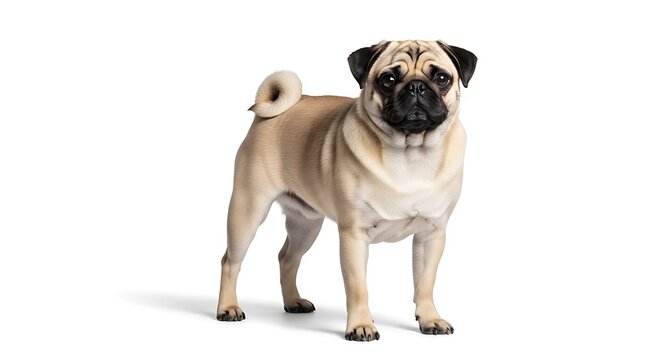 Small pug dog standing on white background with wrinkled face curled tail pug breed pug features pug characteristics pug attributes pug qualitie