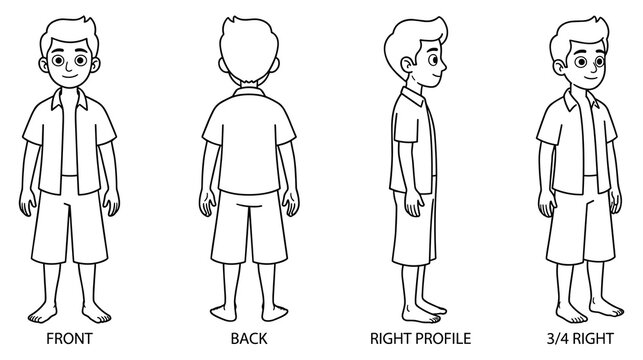 Cartoon boy character turnaround showing front back and profile views.