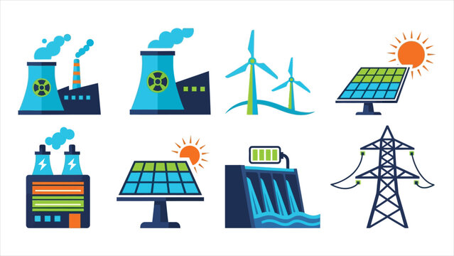 Vector set of energy production icons featuring solar, wind, nuclear and hydro power