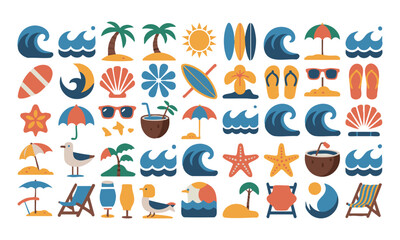 Fototapeta premium Beach travel icons vector pack isolated summer tropical collection