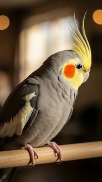 Cockatiel Bird with Yellow Crest on Wooden Perch