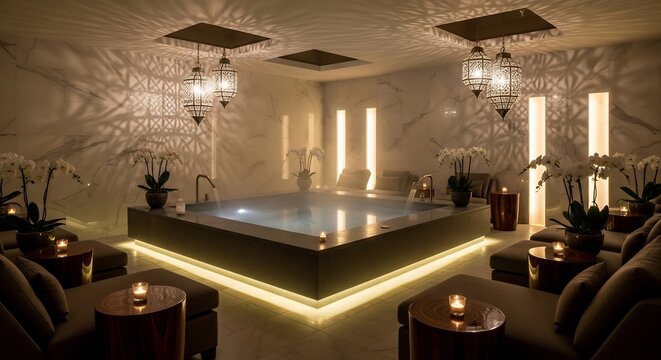 Luxurious Spa Jacuzzi Suite with Ambient Lighting and Seating Areas.