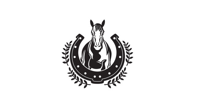 Horse head with horseshoe emblem and laurel wreath icon for vintage western logo design template featuring cowboy, ranch, equestrian with luck symbol