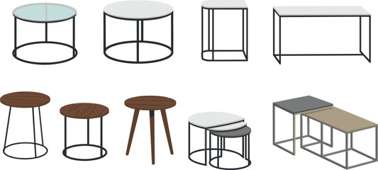 Fototapeta premium Set of Modern Coffee Tables with Metal Frames, Glass, and Wooden Tops in Various Shapes, Vector Illustration for Websites, Apps, and Digital Media Projects