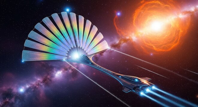 Futuristic spacecraft travels through deep space using a glowing iridescent light sail.