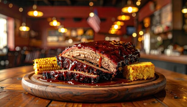 Succulent smoked beef brisket with tangy barbecue sauce and sides of cornbread and corn on a rustic wooden platter in a dimly lit restaurant setting.