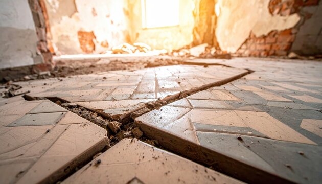A close up view of cracked ceramic tiles featuring a faded geometric pattern on a dusty floor within a dilapidated room, showcasing the texture of decaying building materials and construction.