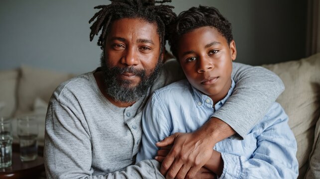 Black father with dreadlocks hugs his son affectionately on a couch