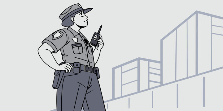 Professional female police officer standing with hands on waist illustration policewoman enforcement professional security authority protection official standing confident constable