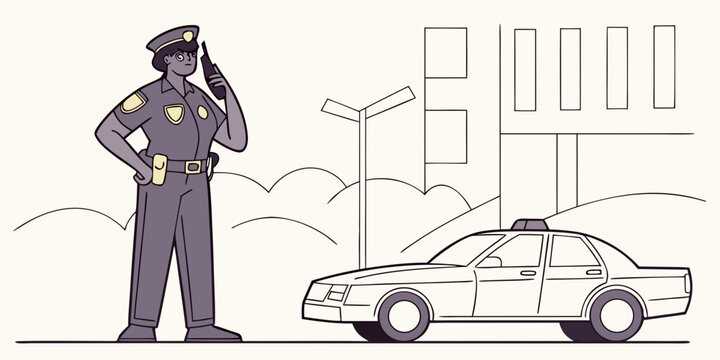 Police officer using radio communicator outdoors at night flat vector art with communicator policeman enforcement security protection patrolman authority illustration policework profession