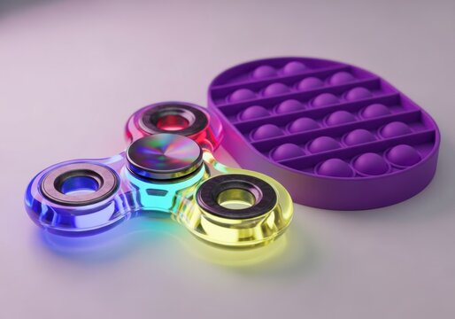 Fidget spinner and purple popit toy on a light background