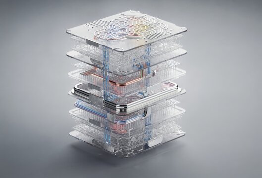 Abstract quantum computing architecture composed of transparent layers showcasing advanced circuitry and organic substrate integration reflecting modern digital innovation