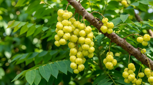 A bunch of green star gooseberries hanging from a tree branch