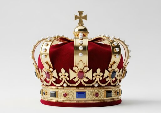 Royal crown with jewels on red velvet isolated background