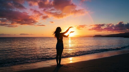 Fototapeta premium Summer solstice sunset silhouette of woman on beach holding sunlight with peaceful ocean waves creating wellness lifestyle concept for travel and mindfulness use