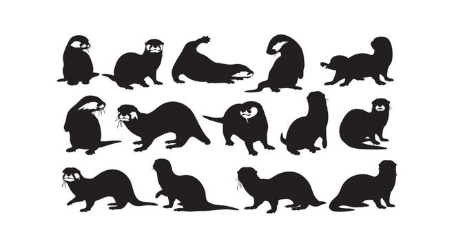 Otter silhouettes set featuring various poses and movements with playful aquatic animals in black and white vector style.