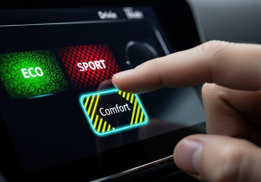 Driver selecting comfort mode on a modern car infotainment touchscreen