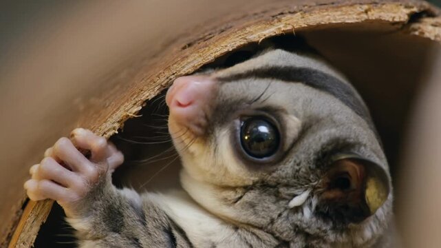 Close up of a Cute Sugar Glider Peeking Out from a Hollow Wooden Log Nest in its Natural Wildlife Habitat