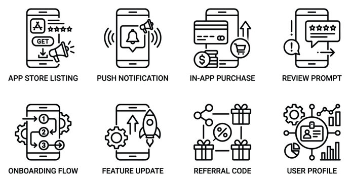 App store listing push notification in app purchase review prompt onboarding flow feature update referral code user profile icons set.