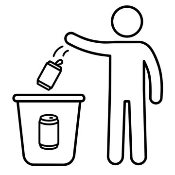 Line art stick figure throwing an aluminum can into a recycling bin. Vector icon of metal waste sorting and environmental protection.