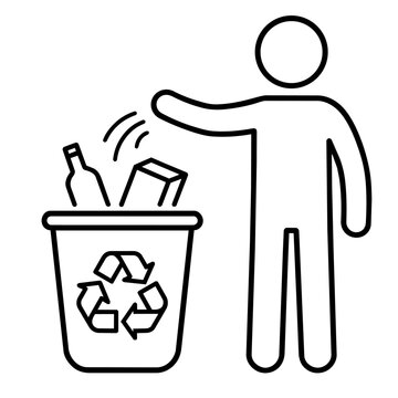 Line art stick figure throwing a bottle and box into a recycling bin. Vector icon of waste sorting, recycling, and environmental protection.
