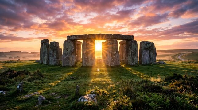 Ancient stone circle at sunrise during summer solstice with radiant sun rays through stones creating mystical heritage landscape for travel culture and spiritual storytelling use