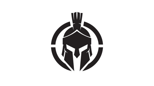 Helmet of Spartan warrior with black silhouette and circular shield emblem for esports and gaming branding