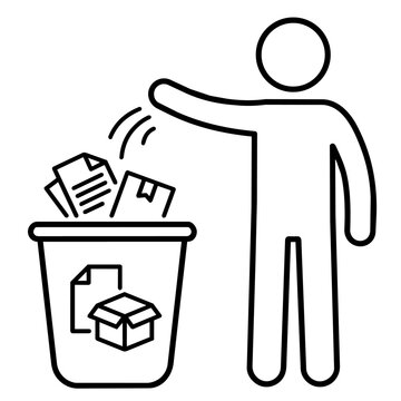 Line art stick figure throwing paper documents and cardboard box into a recycling bin. Vector icon of paper waste sorting.