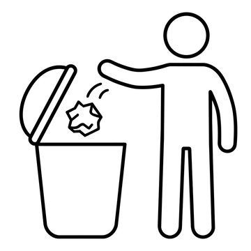 Line art stick figure throwing crumpled paper trash into a bin. Vector icon of waste disposal and keeping the environment clean.