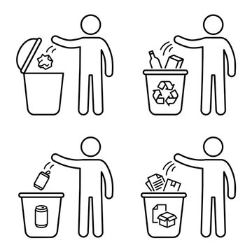Line art stick figure throwing garbage into trash and recycling bins icon set. Vector illustration of waste sorting and environmental protection.