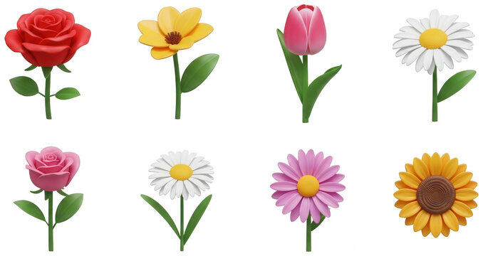 Red rose png Pink flower cutout Yellow blossom png White daisy cutout Purple bloom png Colorful flora cutout Vibrant plant png Cute tulip cutout Stylized isolated transparent background image