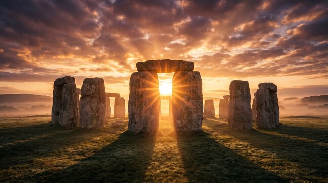 Summer solstice sunrise at ancient stone circle with glowing sunlight through monoliths in misty landscape creating spiritual heritage background for travel and culture concept