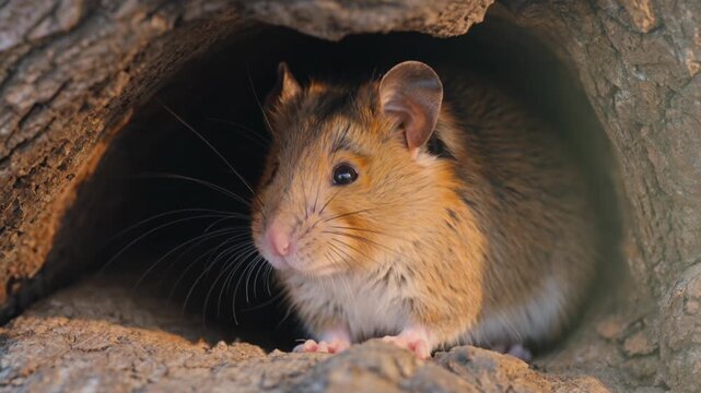 Small wild field mouse peeking out from a hollow tree trunk hole in the forest during sunset