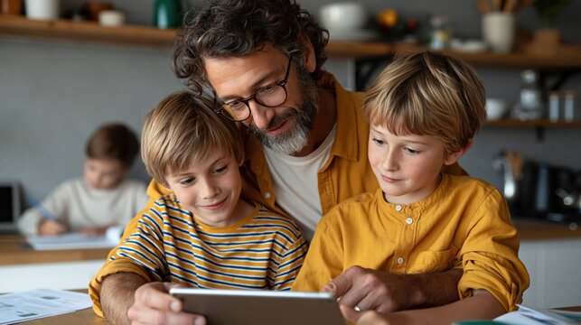Father and two sons using a tablet together at the kitchen counter