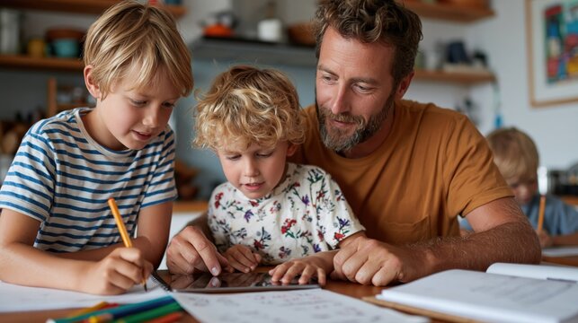Father helps his two sons with homework at the kitchen table using a tablet