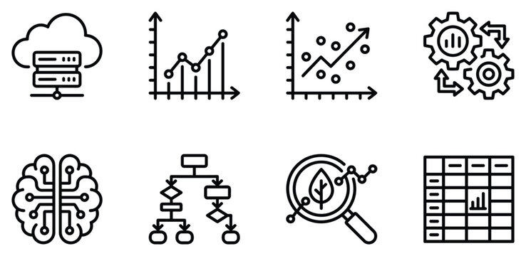 Cloud server, bar chart, scatter plot, gear mechanism, neural network, flowchart, leaf analysis, spreadsheet.