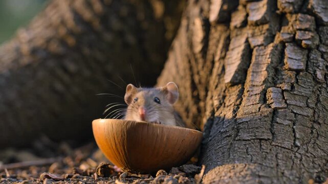 Small wild field mouse sitting inside a wooden bowl at the base of a large tree trunk in golden hour sunlight